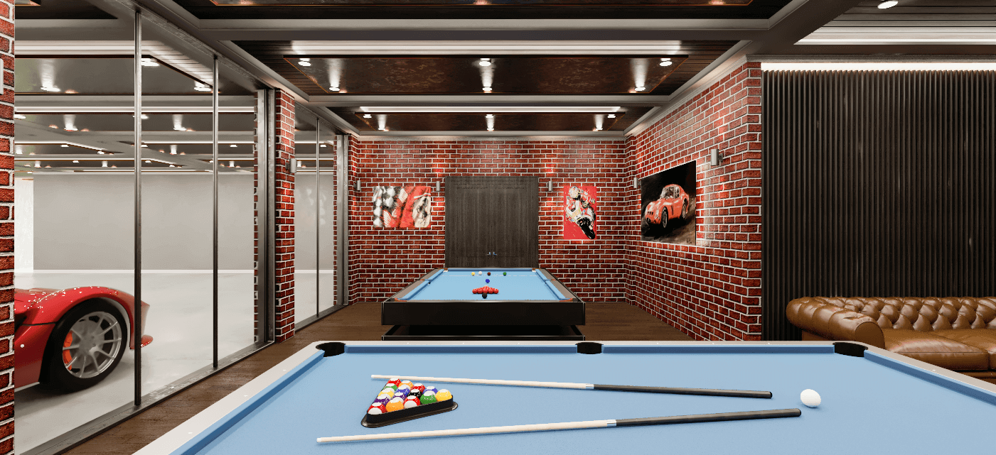 Two pool tables next to a garage in a house