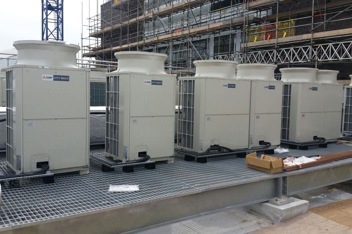 very large multiple commercial exterior Mitsubishi Electirc City Multi units fitted by SubCool FM
