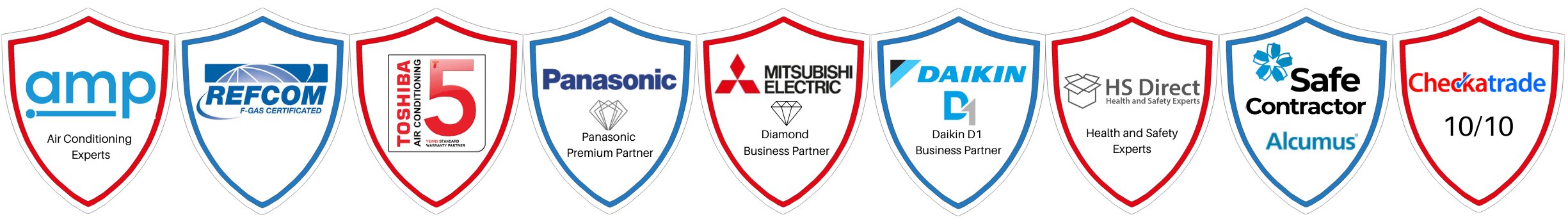 SubCoolFM Accreditations shields including AMP, Refcom, Toshiba, Mitsubishi Electric, Daikin, Panasonic, Safe Contractor, Health and Safety Direct