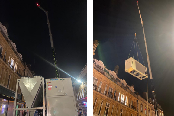 SubCool Cambridge Magistrates Court chiller replacement 2 images of night time chiller lifting by crane